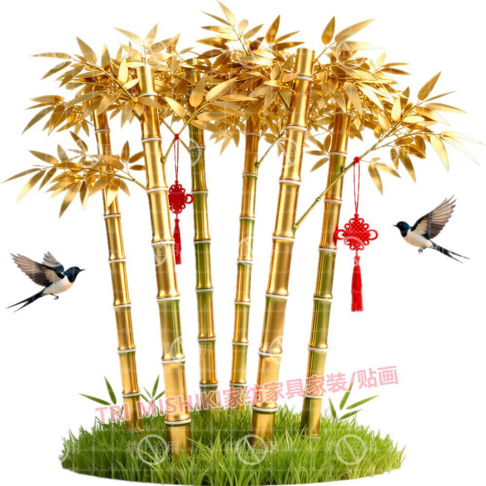 新款养眼黄金竹叶衣柜门窗贴画竹报平安贴纸画玄关卧室自粘墙贴