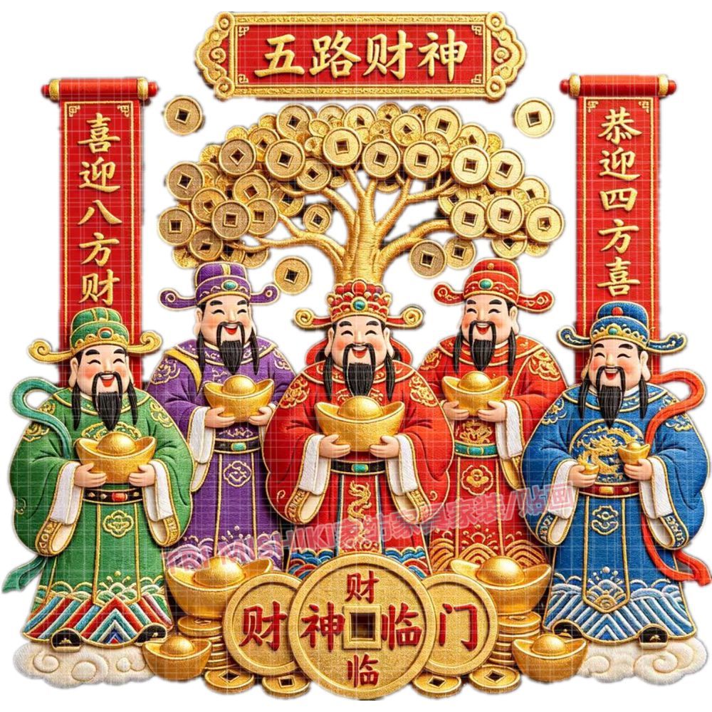 五路财神自粘防水墙贴财源滚滚