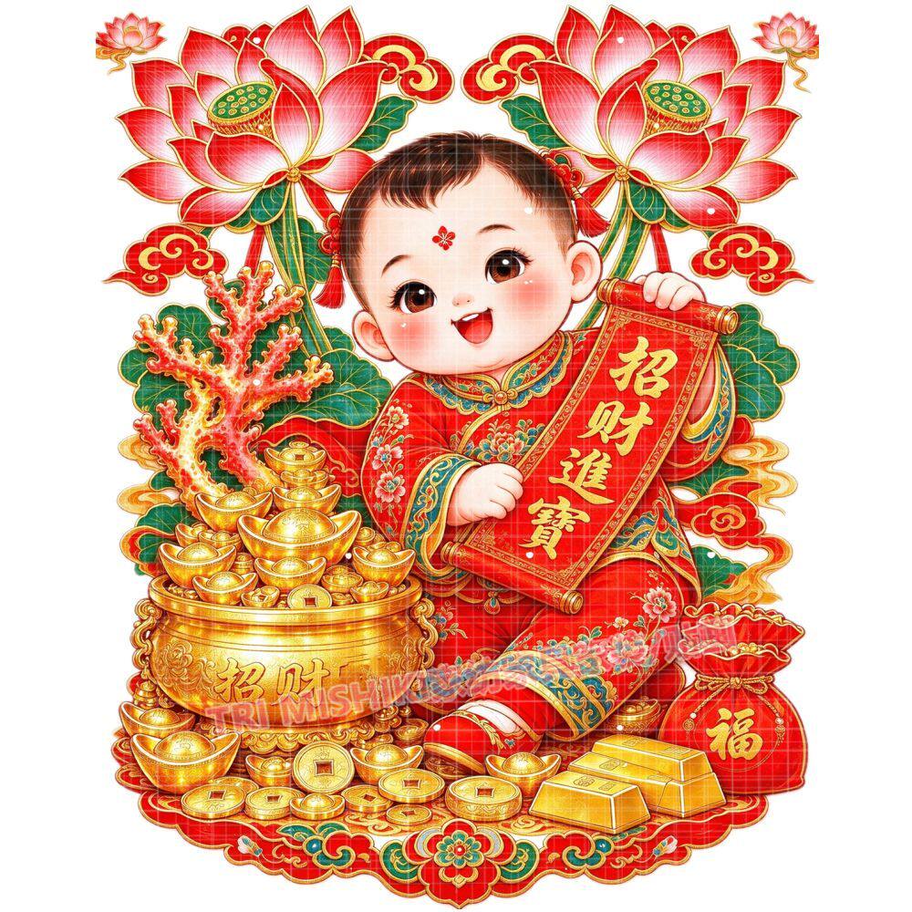 吉祥童子贴纸新款招财进宝荷花童