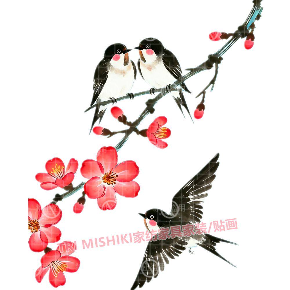 梅花枝头燕归来贴画爆款梅花图案衣柜门窗自粘装饰贴小鸟燕子墙贴