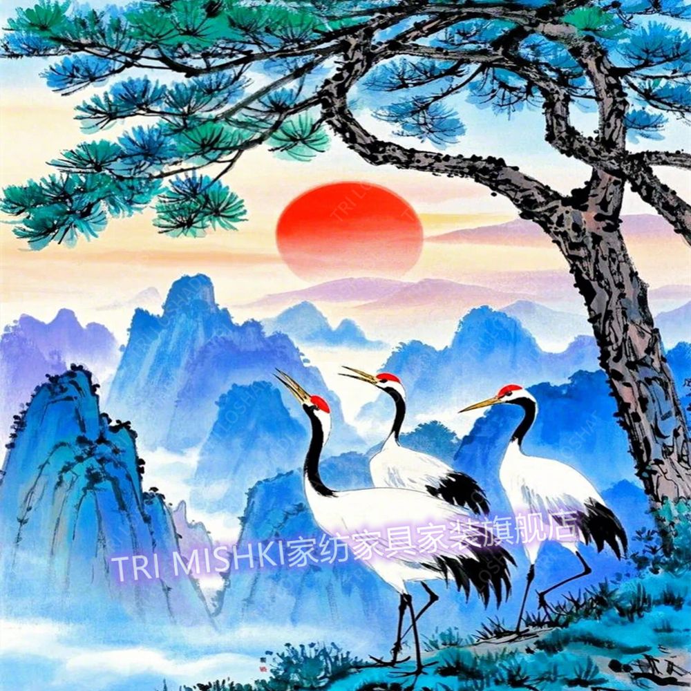 松树仙鹤贴纸画延年益寿客厅墙贴防水自粘门贴吉祥如意无痕装饰画