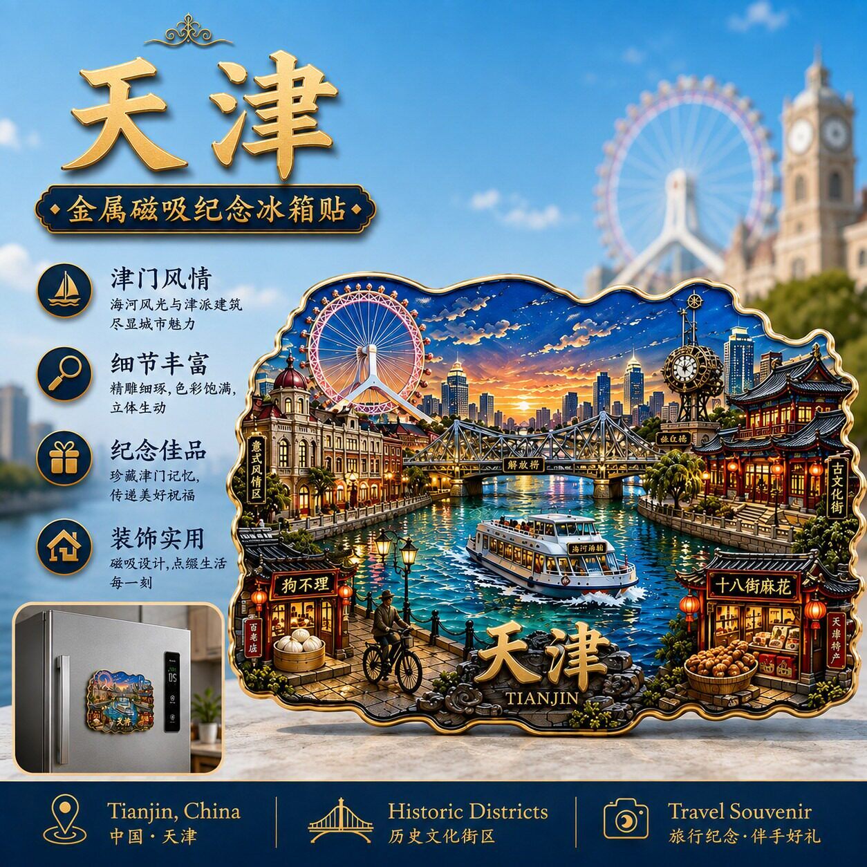 2026新款天津之眼金属冰箱贴磁贴磁吸津门文创中国城市旅游纪念品