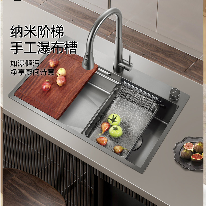 欧琳厨房水槽大单槽304不锈钢加厚家用手工纳米阶梯洗菜盆洗碗槽