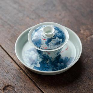 陶瓷三才盖碗可悬停茶杯大号壶承单个青花泡茶不烫手高档功夫茶具