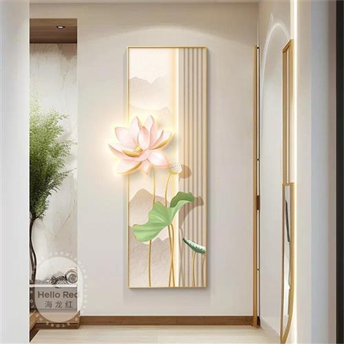 荷花入户玄关装饰画现代日式走廊过道挂画中国风新中式灯光画壁画图片