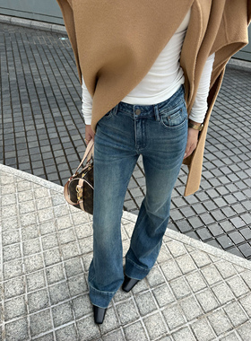 5werkwen 建模腿精 低腰牛仔裤重工洗水微喇裤