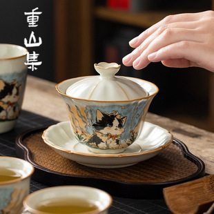 汝窑可爱猫三才盖碗茶杯单个高档带盖家用功夫泡茶碗茶具套装
