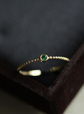 S925纯银圆形规矩经典金豆豆祖母绿开口戒指女潮简约厂家直供