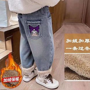 女童洋气加绒外穿秋冬季牛仔裤2024新款加厚休闲冬装儿童裤子
