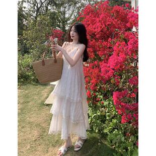 蕾丝花边设计感吊带连衣裙女装 白色甜美温柔风蛋糕裙 2025夏季 新款