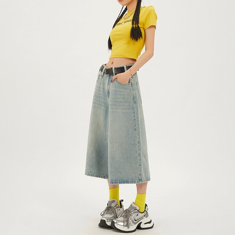 美式高街穿搭复古阔腿牛仔裤女2025夏季新款小个子设计感七分裤子
