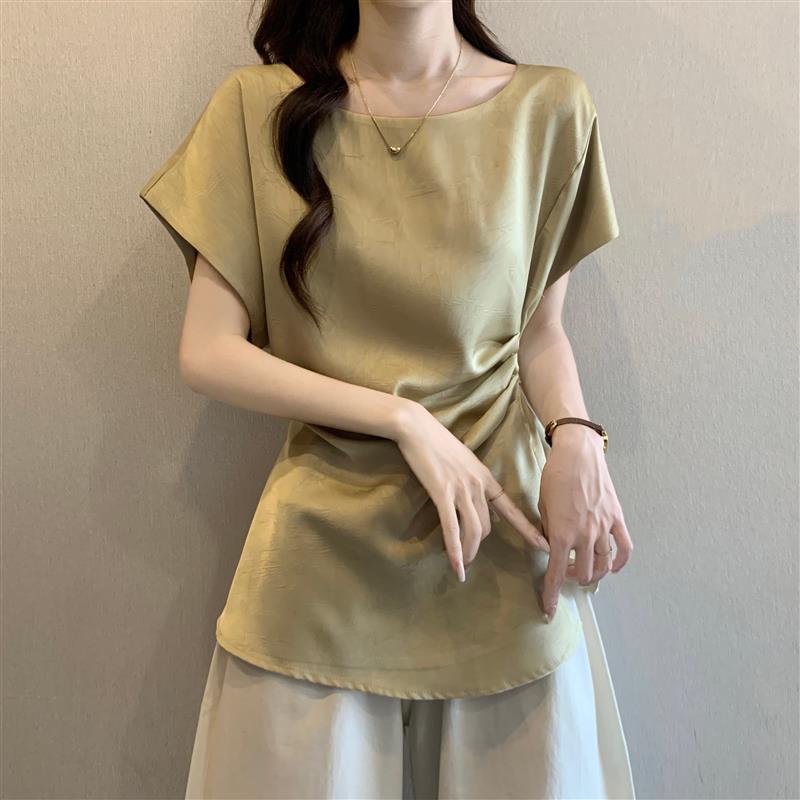 高级感醋酸缎面小飞袖正肩短袖衬衫女2025夏新款大码胖mm掐腰上衣