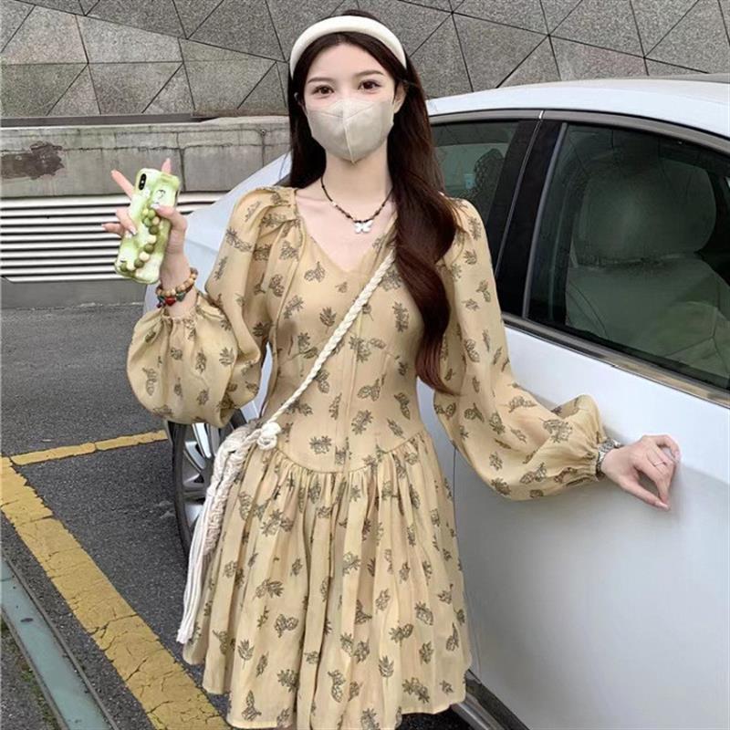 温柔风法式长袖连衣裙女装夏季2025年新款收腰显瘦印花V领公主裙