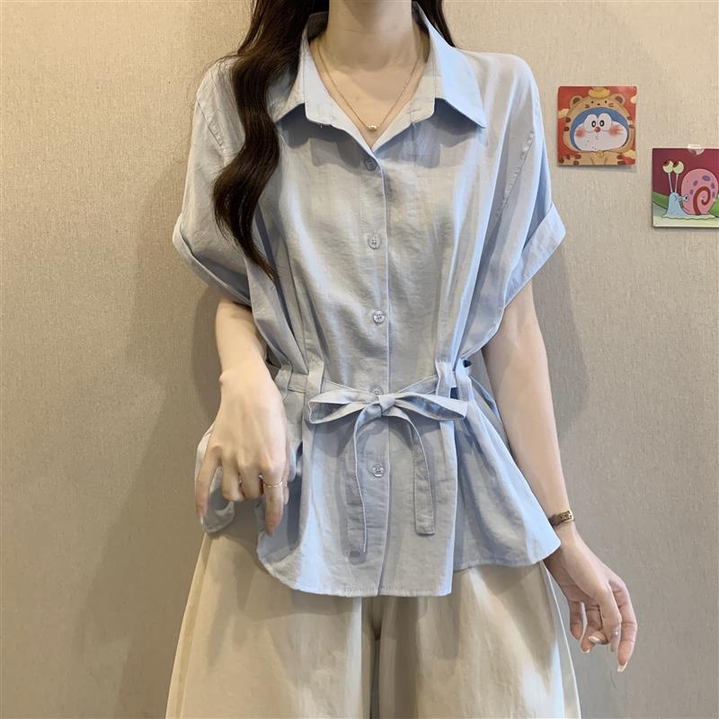 微胖mm漂亮蓝色短袖衬衫女装2025夏季新款爆款收腰遮肚巨好看上衣