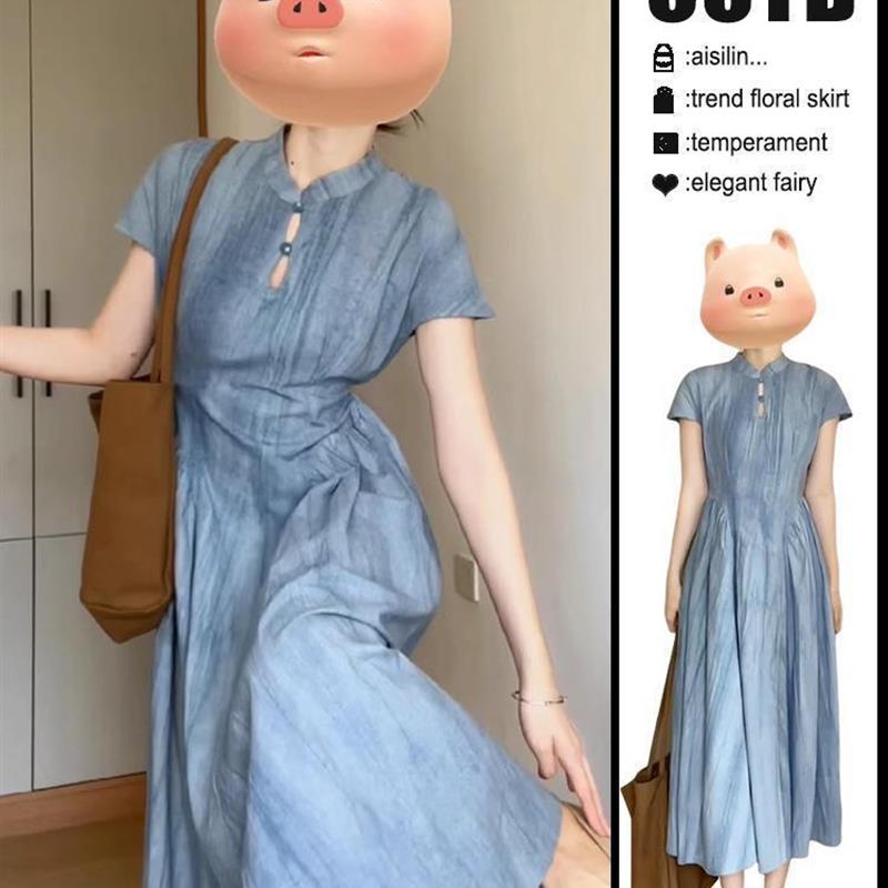 新中式国风改良旗袍蓝色连衣裙子女装2025夏季新款气质小个子长裙