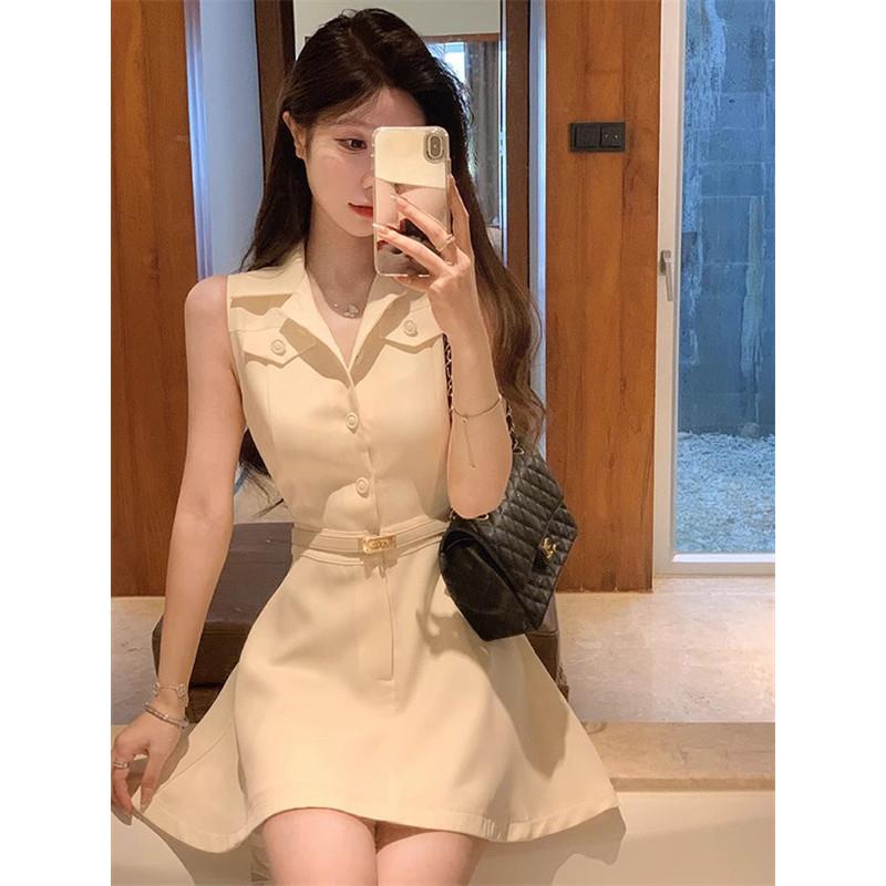 夏季新款法式纯欲风高级感无袖衬衫连衣裙子女设计感收腰气质短裙