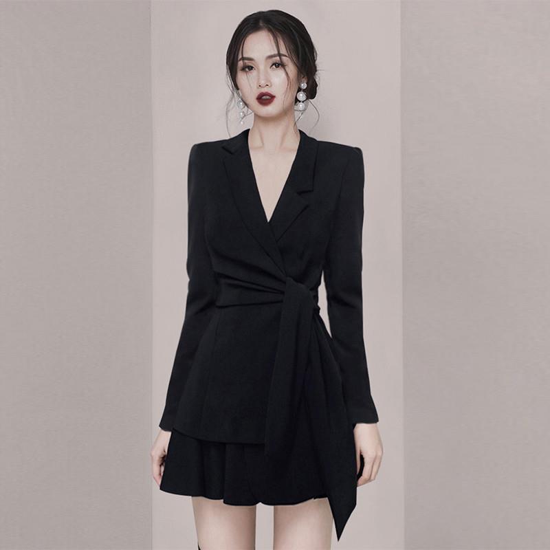 新款春季时尚设计显身材黑色西装裙两件套小性感气质年会晚礼服女