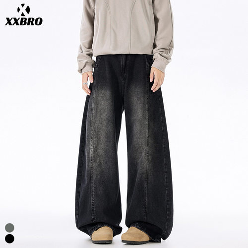 xxbro男装#秋冬街头日系复古做旧潮牌阔腿拼接百搭直筒牛仔裤男士