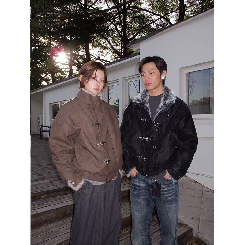 EME易盛易 鳄鱼纹PU皮立领飞机扣“狼王”座山雕复古短宽夹克外套