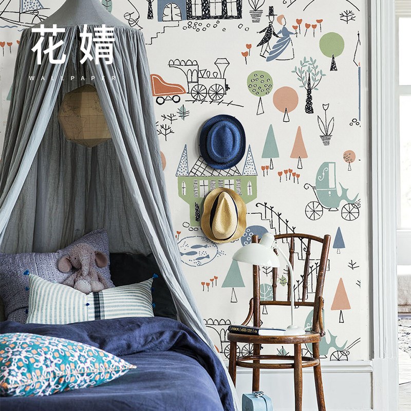 ins儿童房手绘墙纸电视背景墙壁纸家用无缝墙布卧室客厅定制壁画