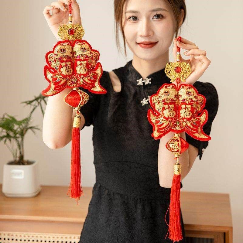 新款对鱼双福植绒挂件流苏春节喜庆用品年年有鱼福气到家客厅挂饰