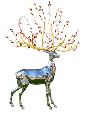 不锈钢镜面小鹿雕塑户外仿真动物售楼部景观金属梅花麋鹿公园摆件