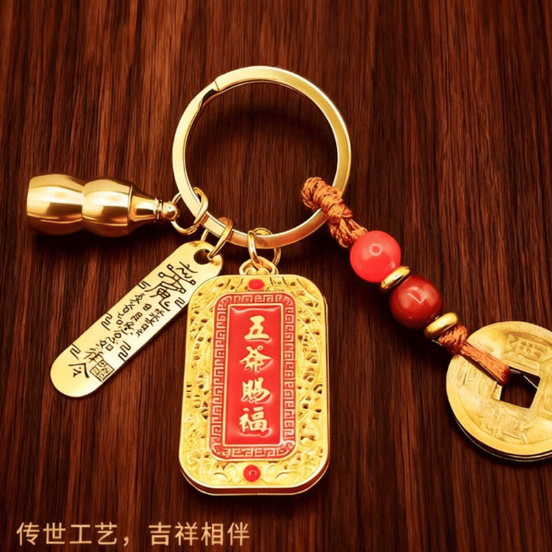 加工定制五爷赐福双面雕刻镂空方牌富贵临门精美车载钥匙扣小挂件