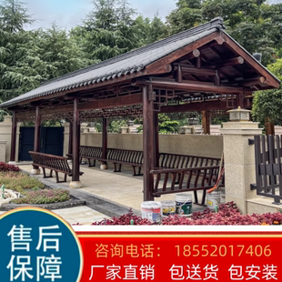 户外风雨桥防腐木古建青瓦水榭长廊别墅庭院四角六角实木双层凉亭