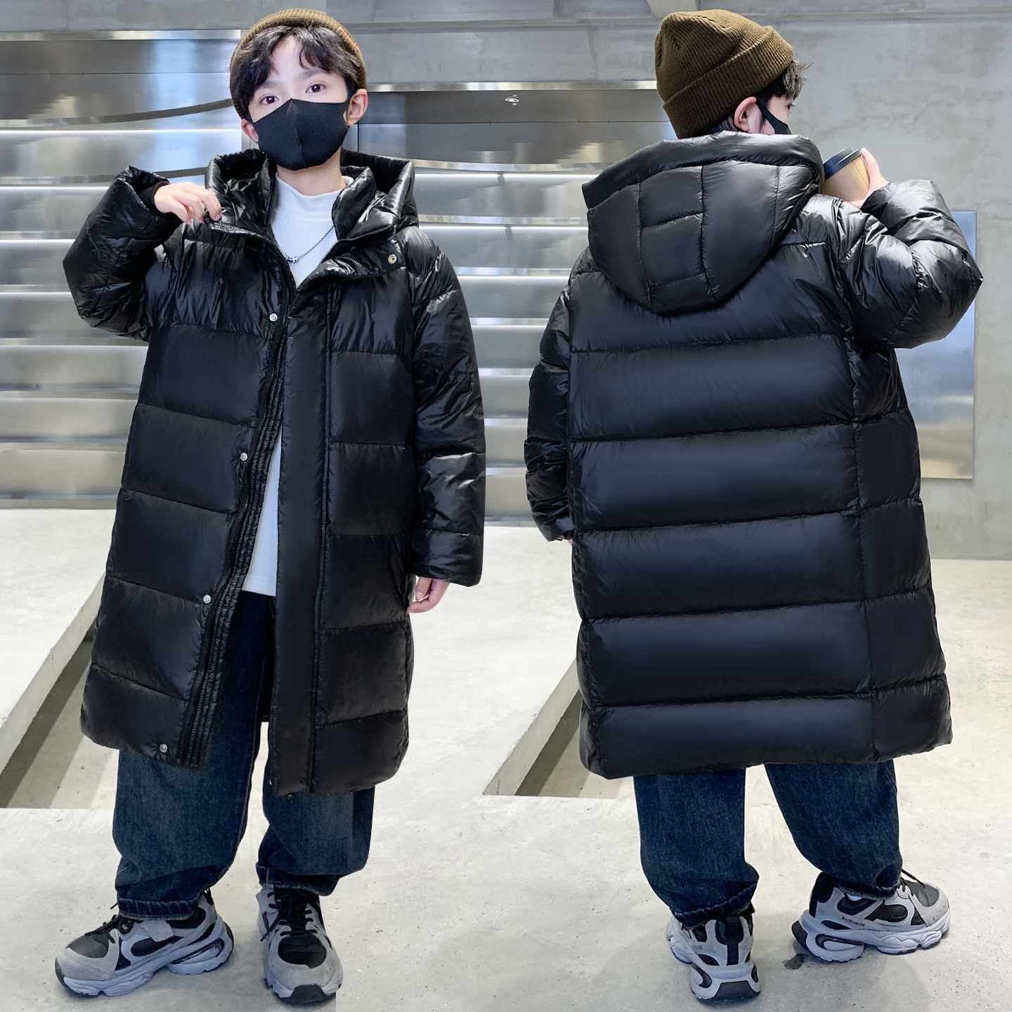 男童冬季羽绒服2025新款黑色加厚长款过膝儿童外套男孩冬装中大童