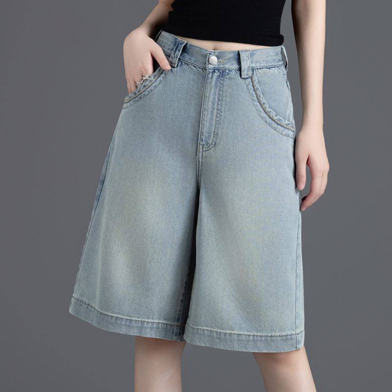 天丝牛仔短裤女夏季薄款2025新款高腰宽松直筒阔腿裤五分裤女中裤