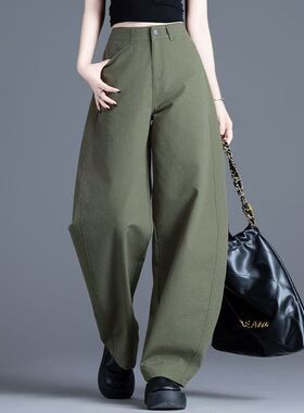 军绿色裤子休闲裤女2025新款高腰宽松直筒弯刀裤女士小个子