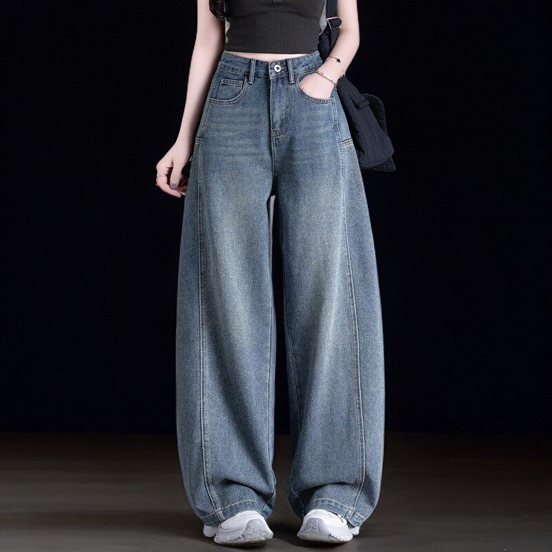 蓝色弯刀牛仔裤女秋冬冬女裤美式裤子小众炸街直筒高腰宽松阔腿裤