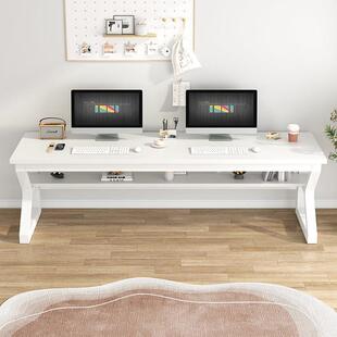 简易双人长书桌两层书架一体台式家用电脑桌办公桌台式学生书桌