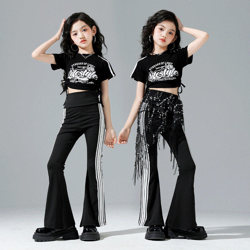 女童露脐jazz爵士舞表演服装女孩形体训练服模特走秀喇叭裤瑜伽裤