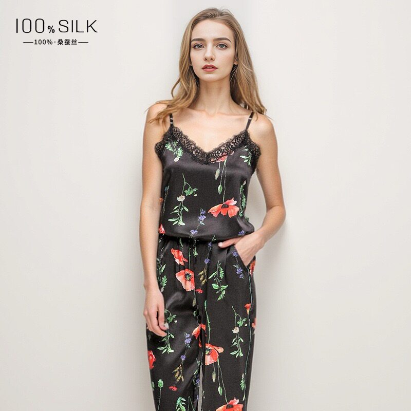 真丝睡衣女春夏新款100%桑蚕丝吊带长裤两件套凉感舒适家居服套装