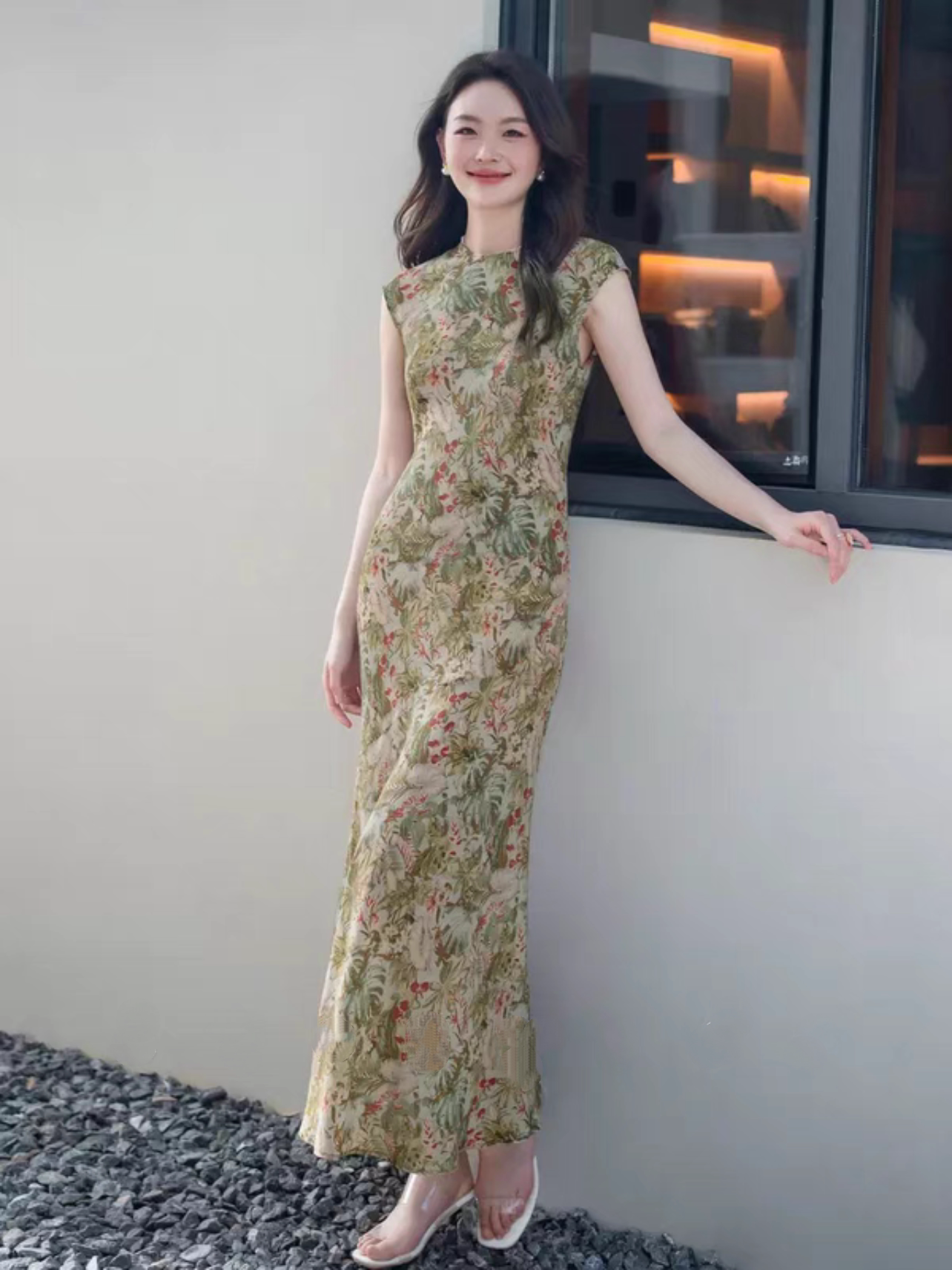 曲线美感新中式改良旗袍单层100桑蚕丝连衣裙女小碎花真丝鱼尾裙