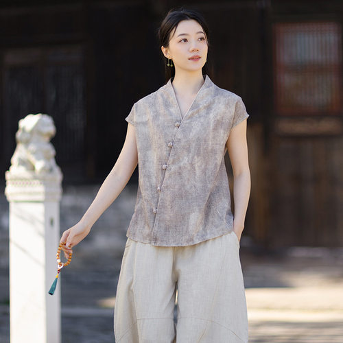 26夏女新款V领无袖衬衫苎麻渲染