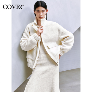 COVERINS羊毛圈圈纱立领鹅绒羽绒服女短款 CC35508190 2025冬新款