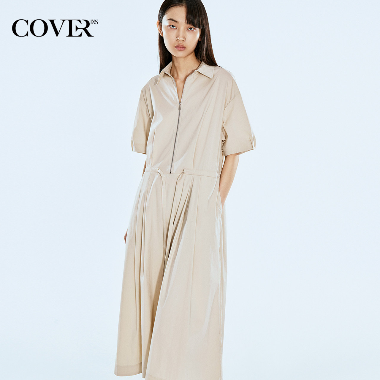 COVERINS米色短袖衬衫式连衣裙薄款半开襟拉链设计CC34105080