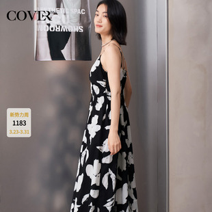 纯棉v领黑白印花吊带连衣裙长款 COVERINS2024夏季 新款