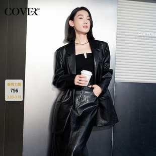 COVERINS黑色蛋白皮衣西装 外套女宽松廓形CC34310200
