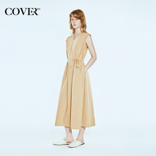 COVERINS小飞袖绑带气质收腰连衣裙女夏长款CC35205070