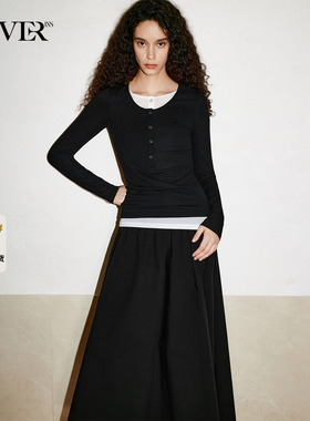COVERINS黑色拼接假两件连衣裙长款内搭外穿2026春新品CC36105040
