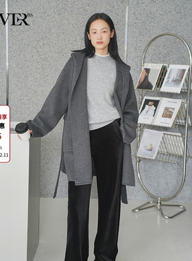 COVERINS灰色羊毛双面呢连帽大衣外套女腰带中款冬季CC34510030