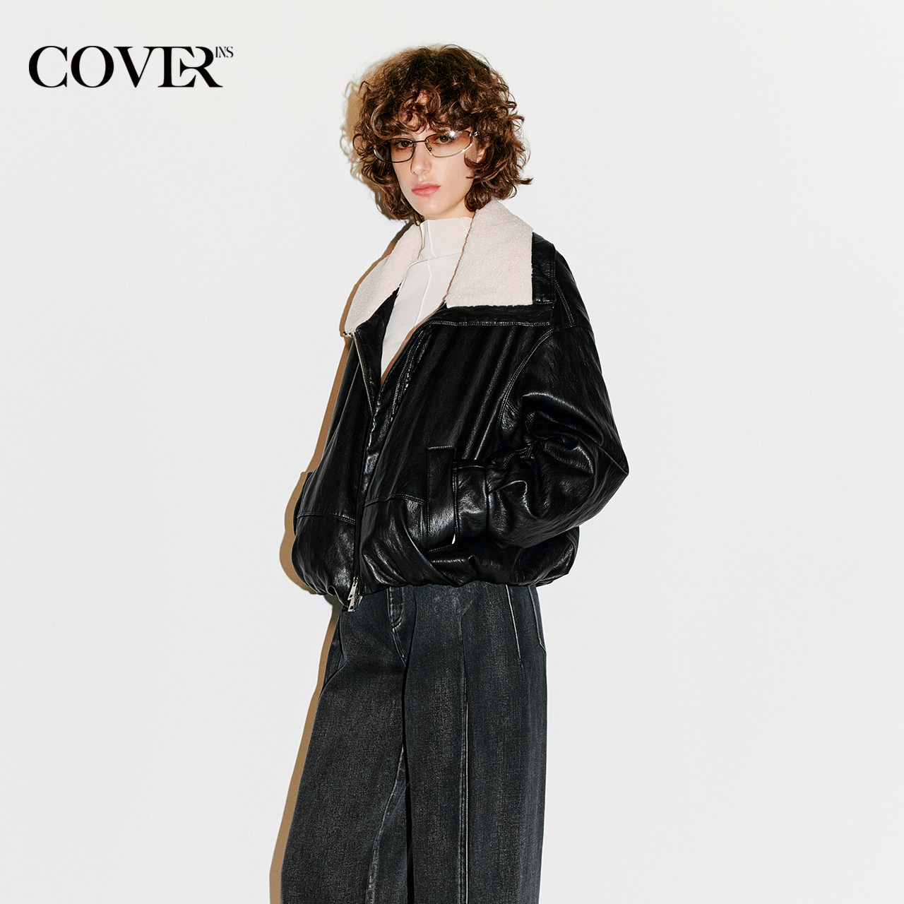 COVERINS黑色PU皮毛领皮衣外套女短款夹克2026春季新款CC36110200