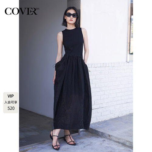 COVERINS黑色无袖连衣裙女夏季茧型花苞裙CC35260270