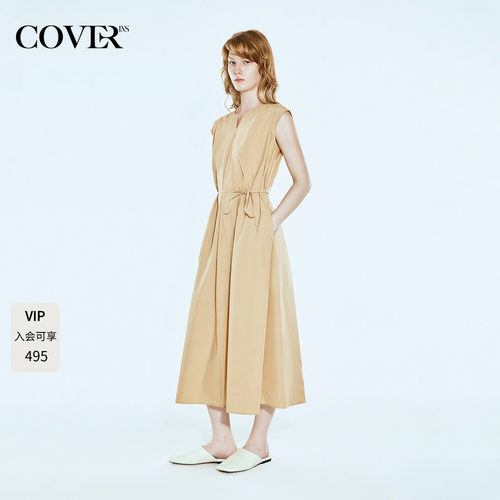 COVERINS小飞袖绑带气质收腰连衣裙女夏长款CC35205070