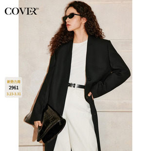 CC36110040 羊毛2026春新款 COVERINS黑色无领西装 大衣外套女长款