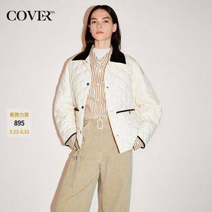 COVERINS奶油白灯芯绒翻领菱格轻薄羽绒服女鸭绒2025冬CC35508260