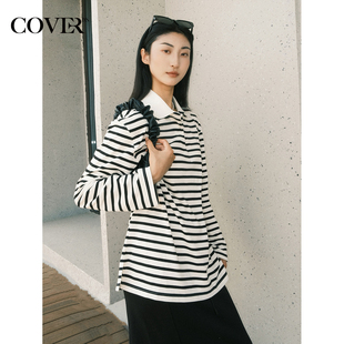 休闲宽松条纹T恤女polo领长袖 春季 上衣 博主同款 COVERINS